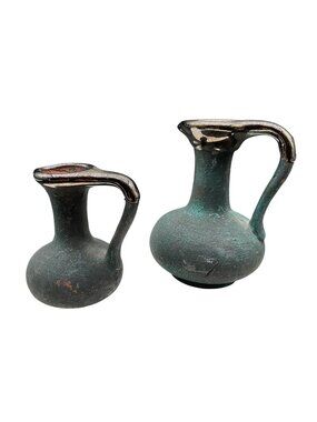 Vintage Pair Of Mini Jugs Pitchers Mid East Egyptian Style Ceramic & Metal
